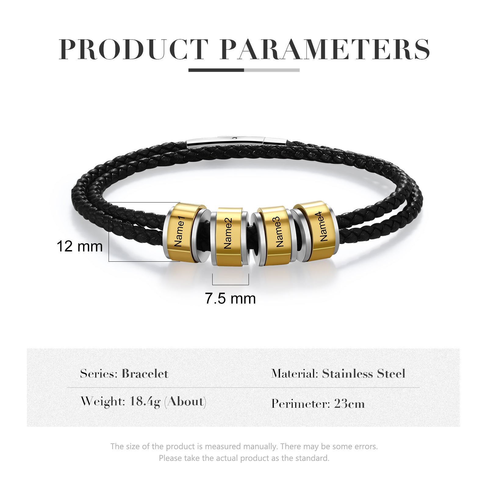 Personalized Stainless Steel Black Leather Bead Bracelet