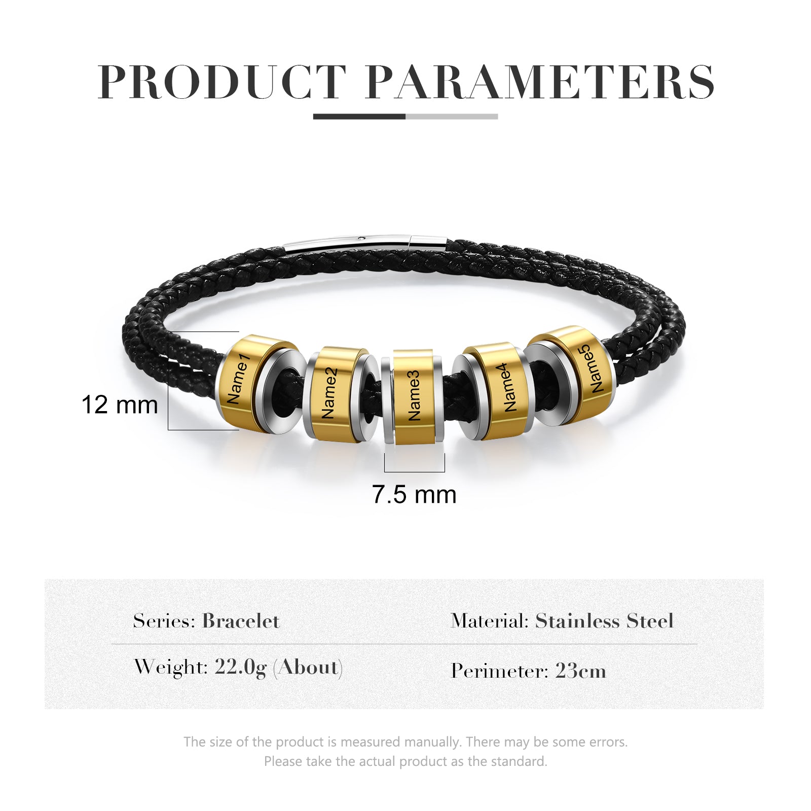 Personalized Stainless Steel Black Leather Bead Bracelet