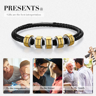 Personalized Stainless Steel Black Leather Bead Bracelet