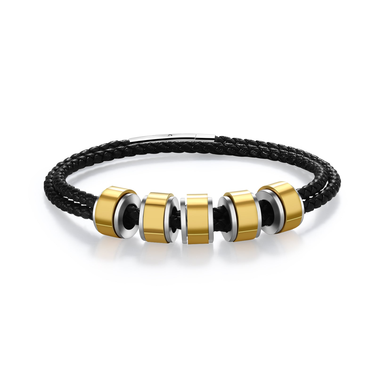 Personalized Stainless Steel Black Leather Bead Bracelet