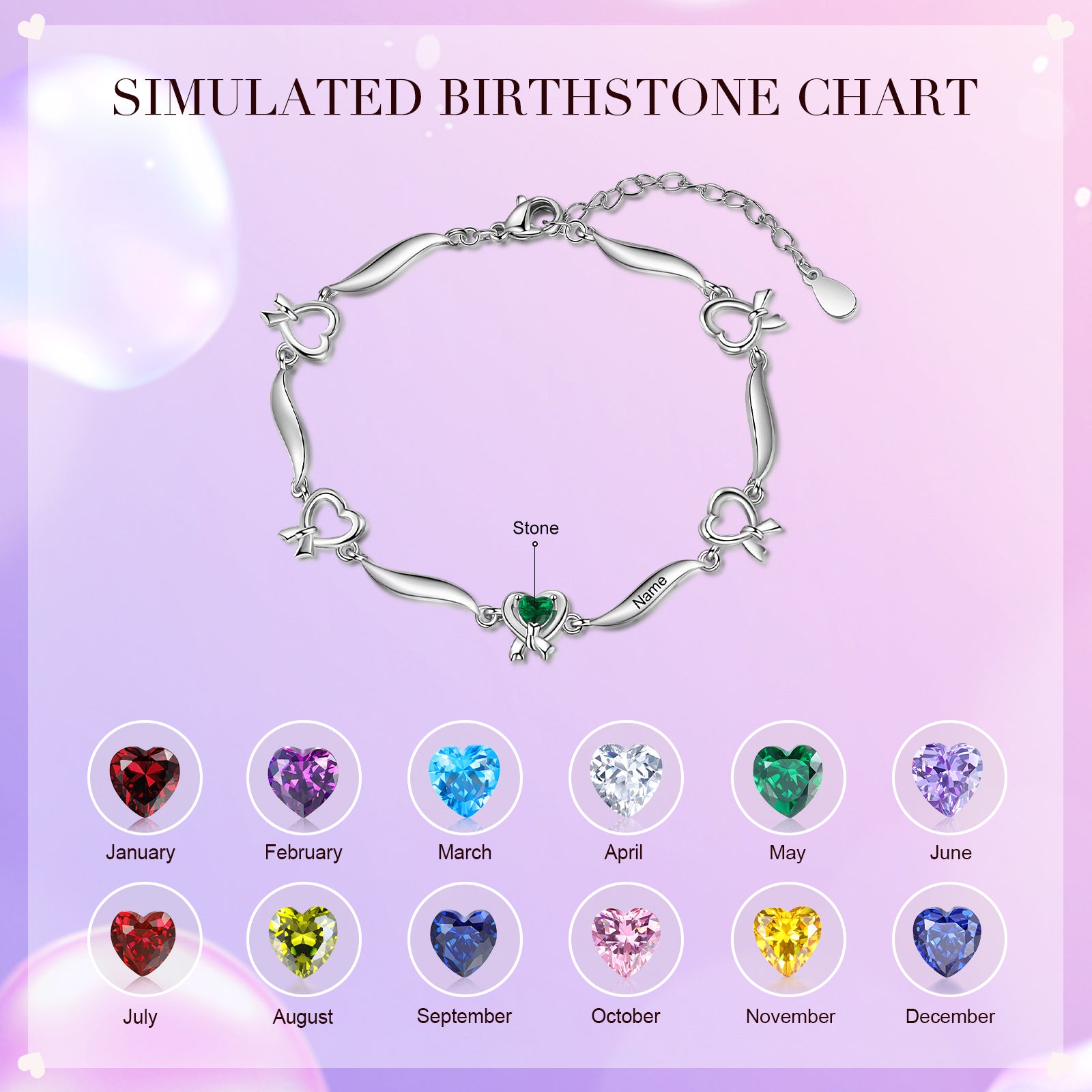 Rhodium Plated Heart Shape Birthstone Bracelet