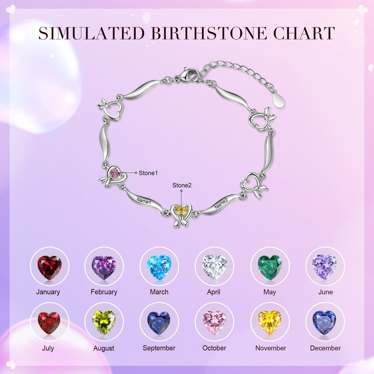 Rhodium Plated Heart Shape Birthstone Bracelet