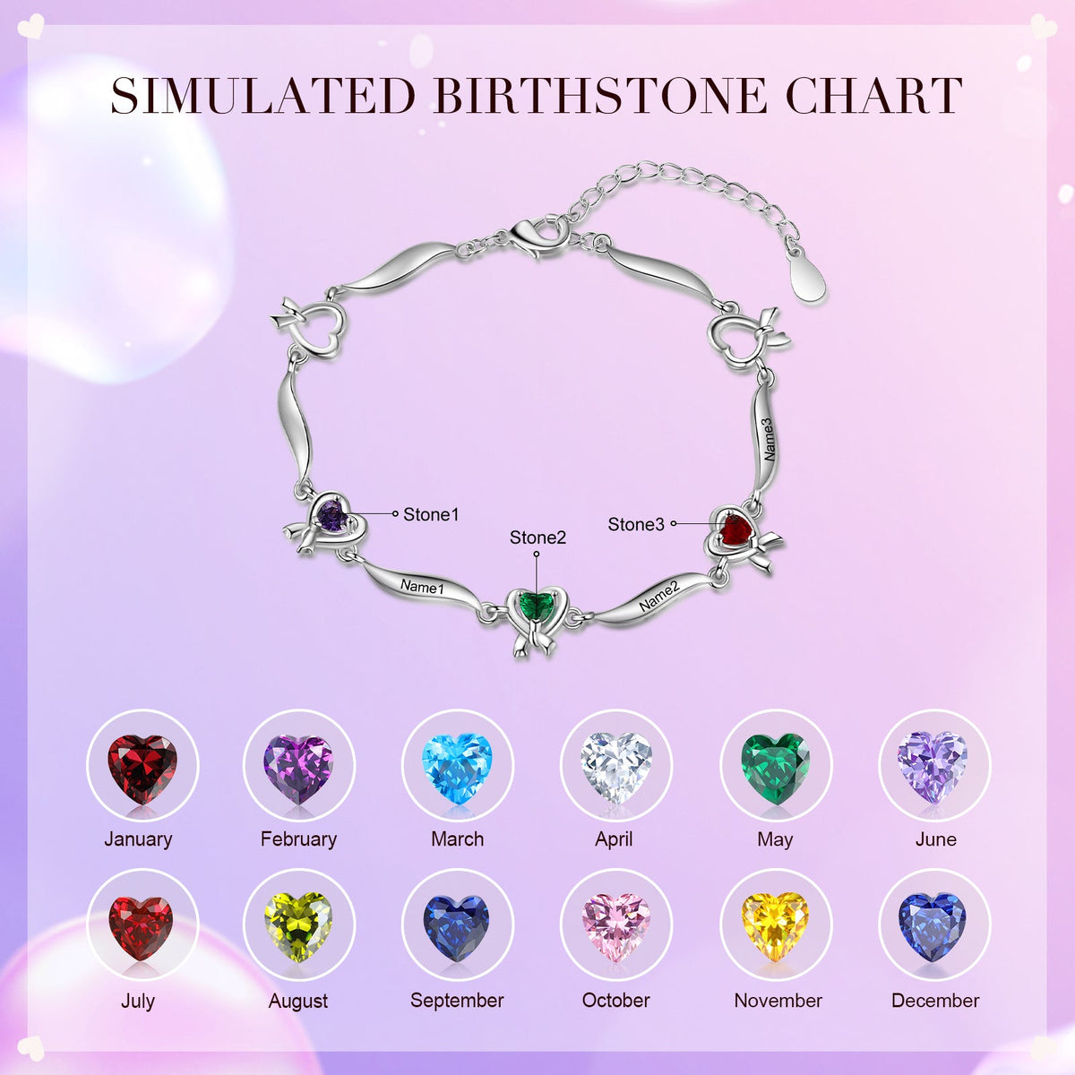 Rhodium Plated Heart Shape Birthstone Bracelet
