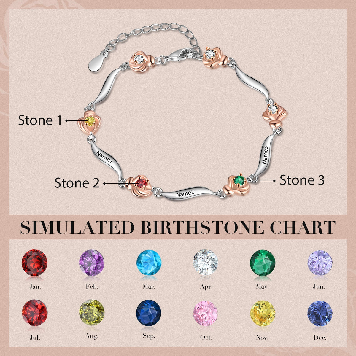 Rhodium Plated Rose Birthstone Bracelet