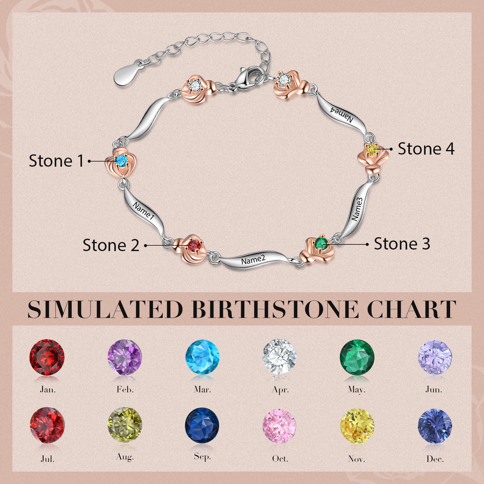 Rhodium Plated Rose Birthstone Bracelet