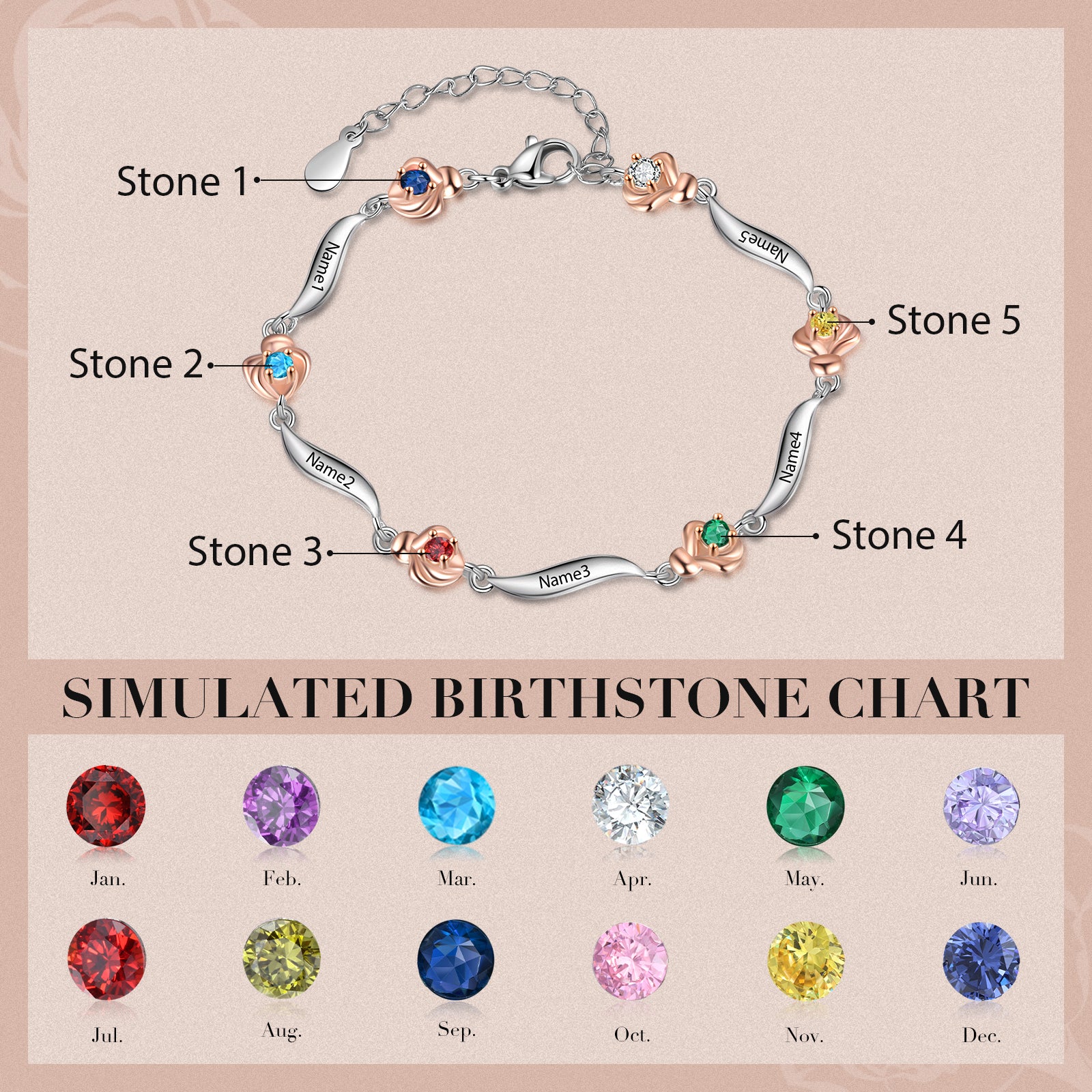 Rhodium Plated Rose Birthstone Bracelet