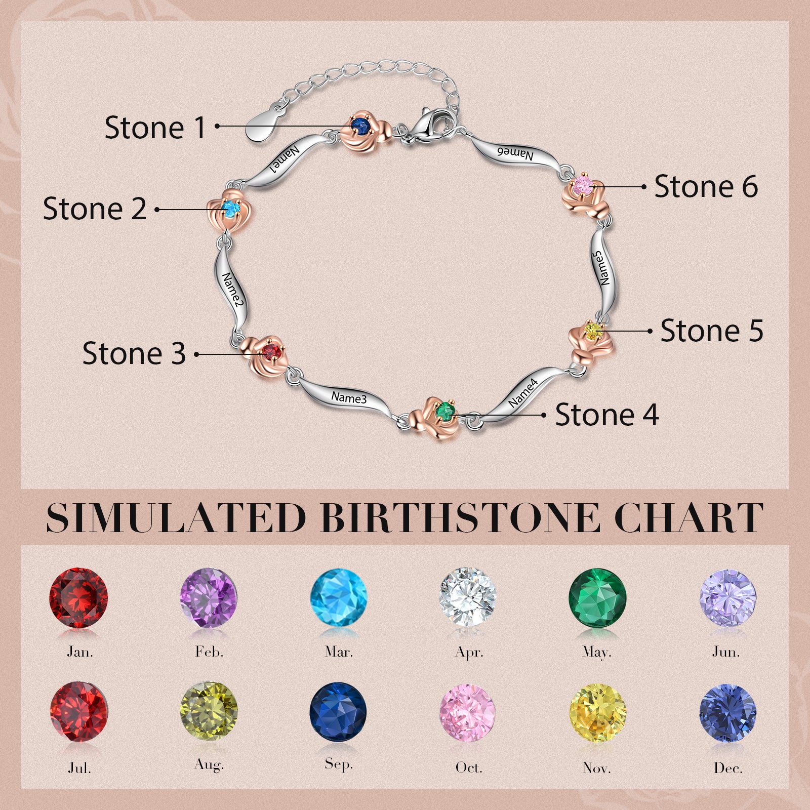 Rhodium Plated Rose Birthstone Bracelet