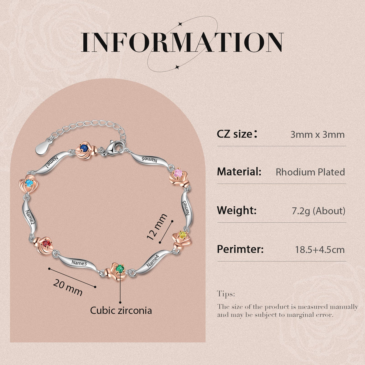 Rhodium Plated Rose Birthstone Bracelet