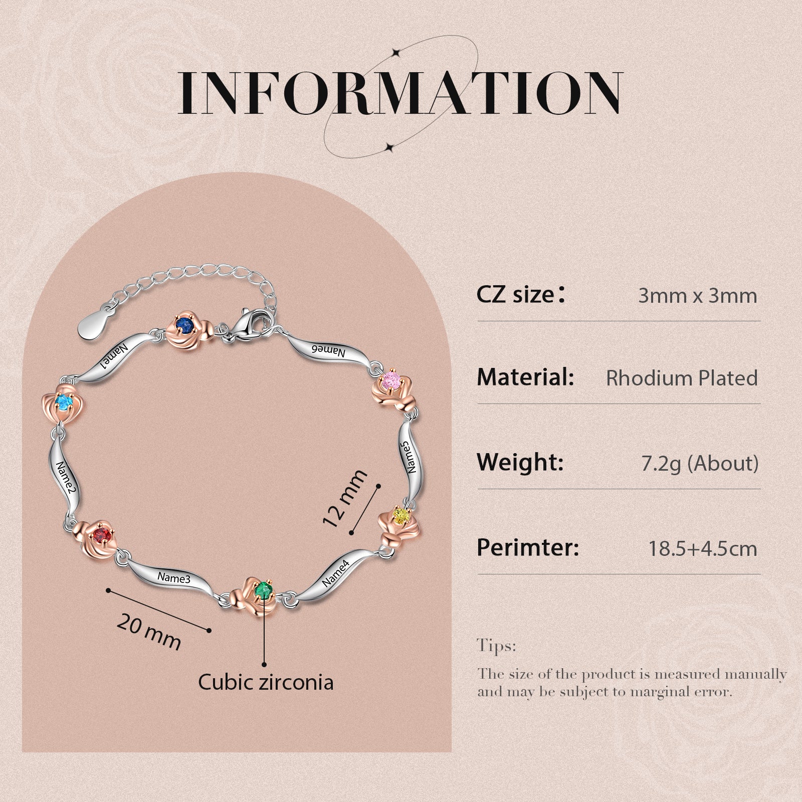Rhodium Plated Rose Birthstone Bracelet