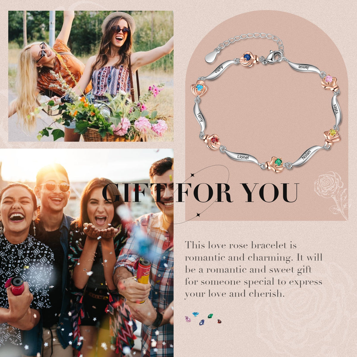Rhodium Plated Rose Birthstone Bracelet