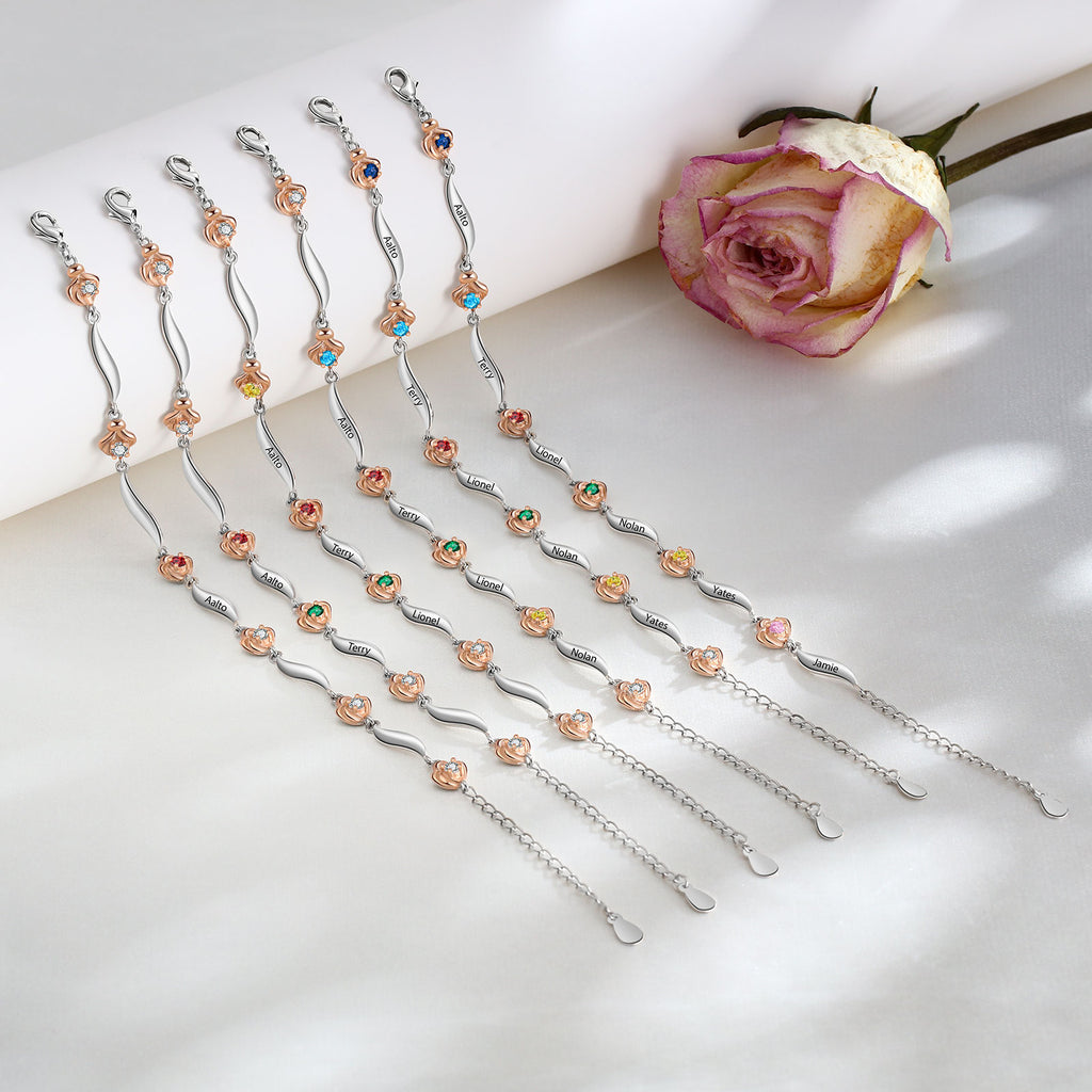 Rhodium Plated Rose Birthstone Bracelet