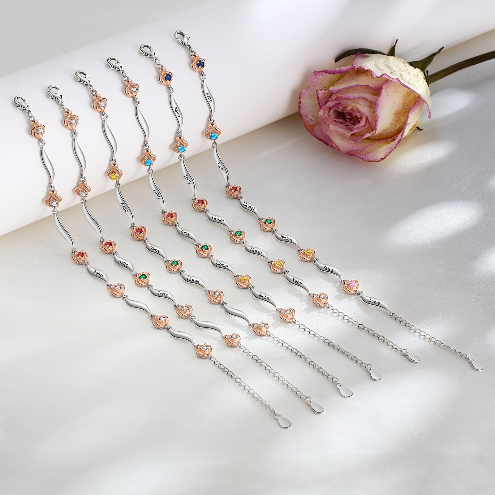 Rhodium Plated Rose Birthstone Bracelet