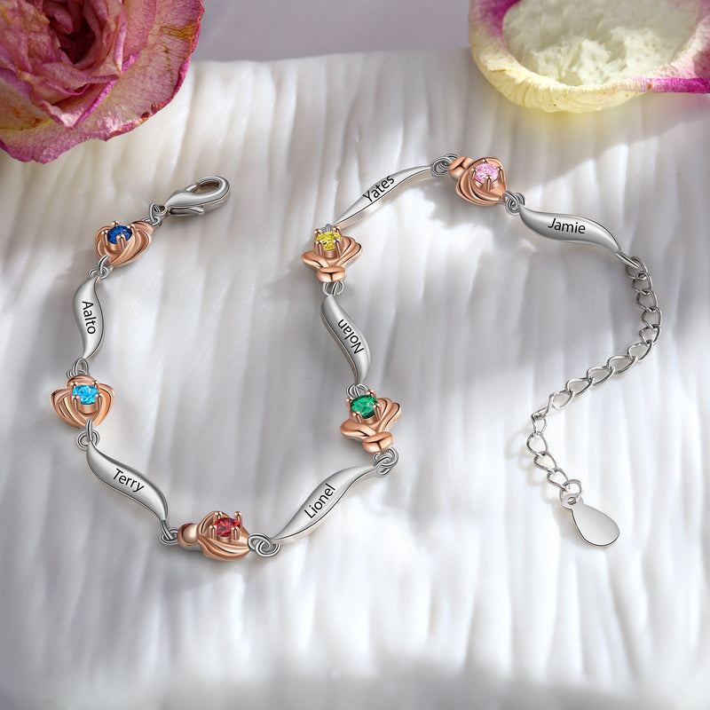 Rhodium Plated Rose Birthstone Bracelet