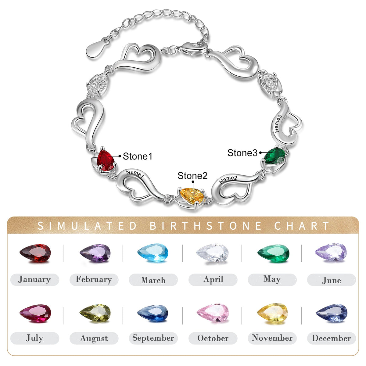 Rhodium Plated Heart Birthstone Bracelet