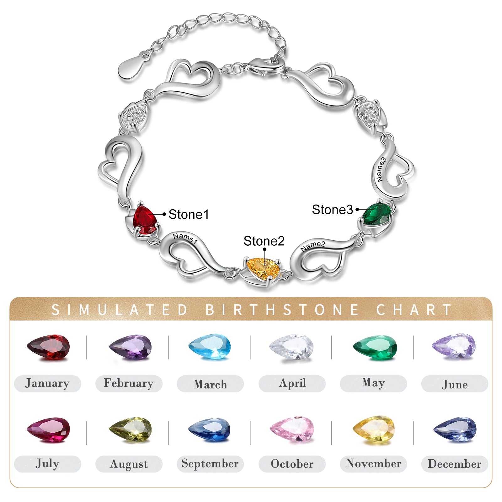Rhodium Plated Heart Birthstone Bracelet