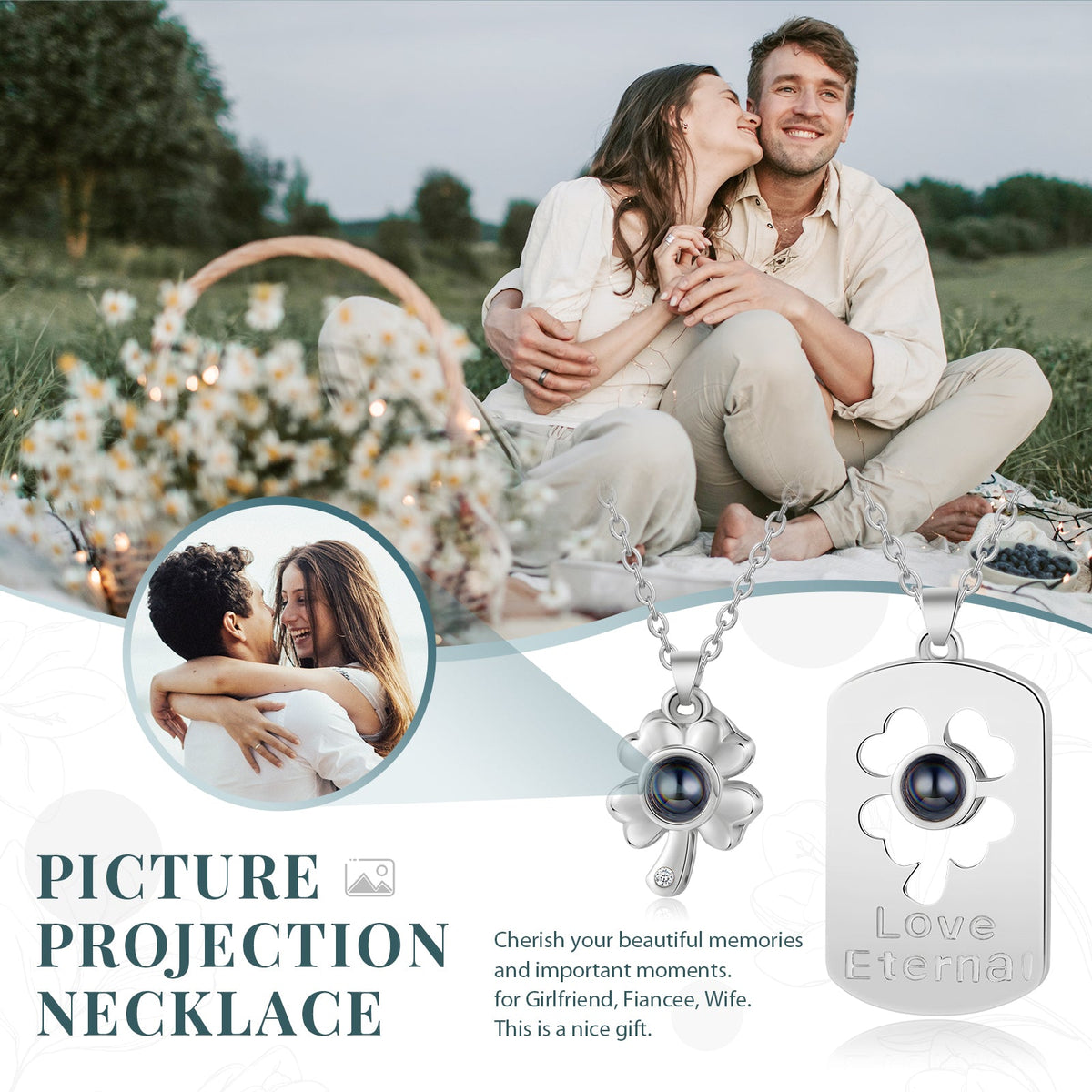 Custom Four Clover Photo Projection Couple Necklace