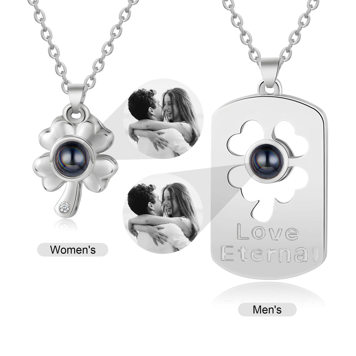 Custom Four Clover Photo Projection Couple Necklace