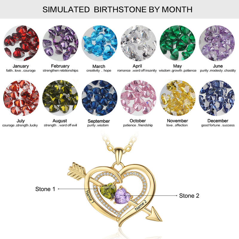 925 Silver Personalized Names Arrow and Heart Shape Necklace with Heart Shape Birthstones