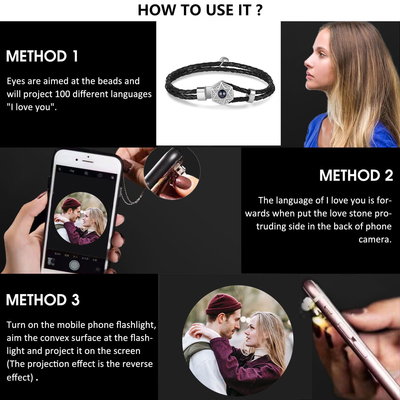 Custom Photo Projection Hexagon Star Couple Bracelet