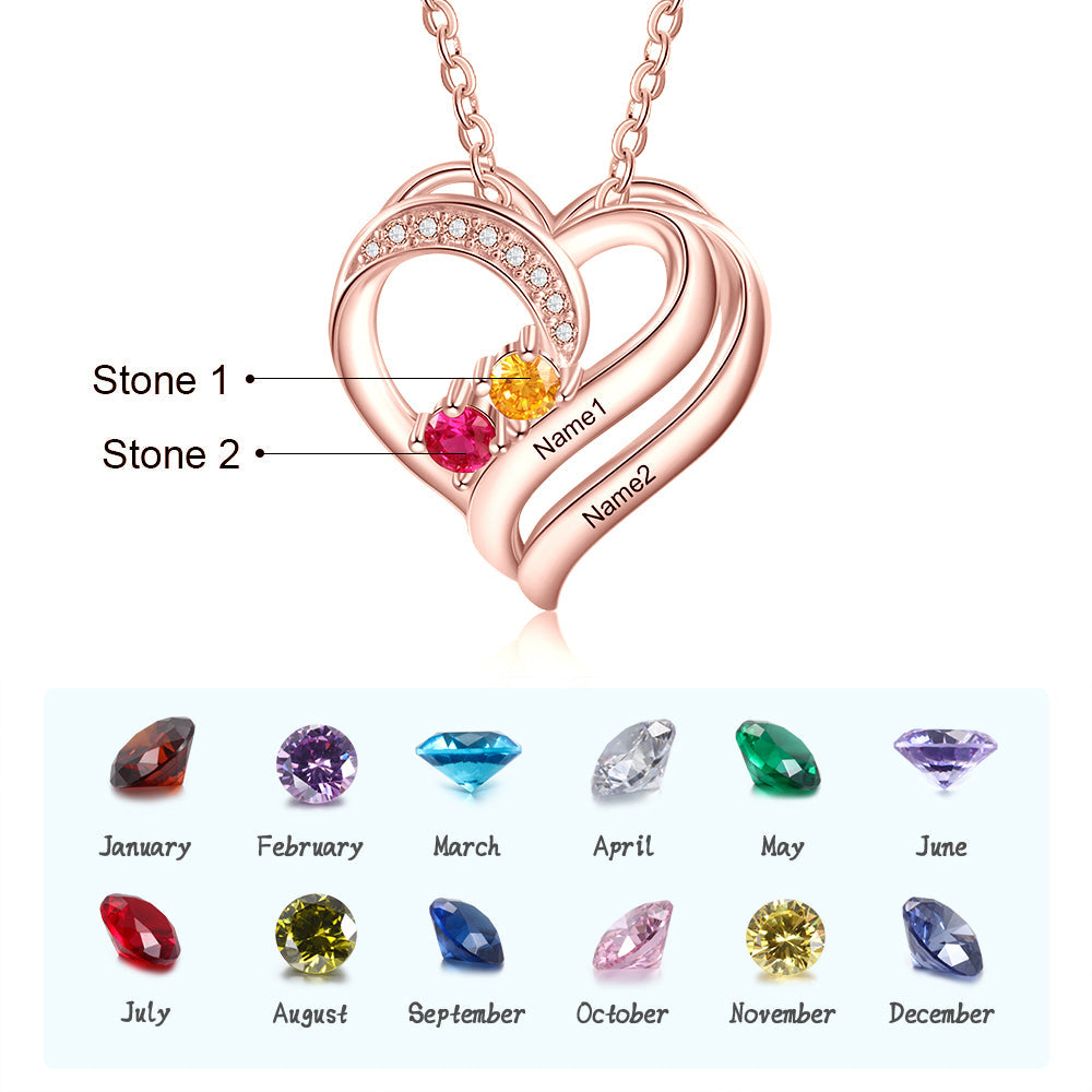 925 Sterling Silver Two Birthstone Heart Necklace