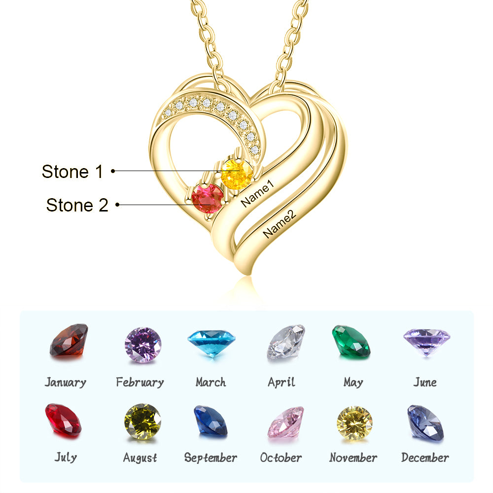 925 Sterling Silver Two Birthstone Heart Necklace