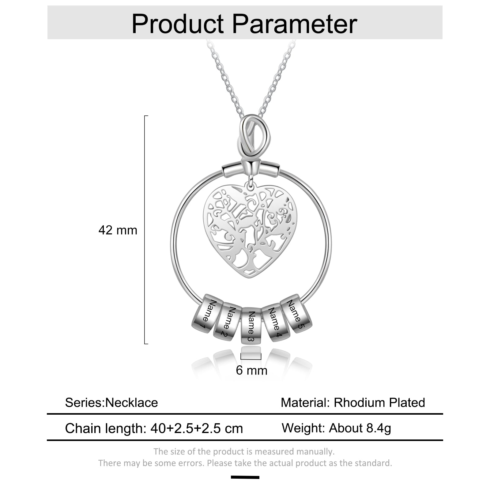 Personalized Rhodium Plated Heart Hollow Charm Bead Necklace