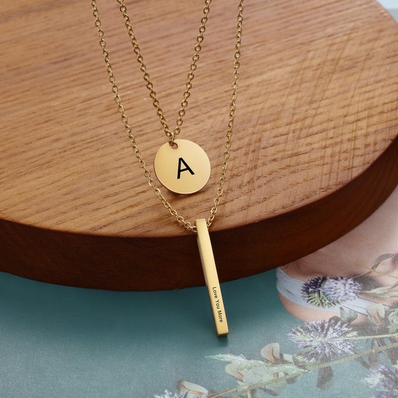 Personalized Stainless Steel Bar Round Pendant Necklace