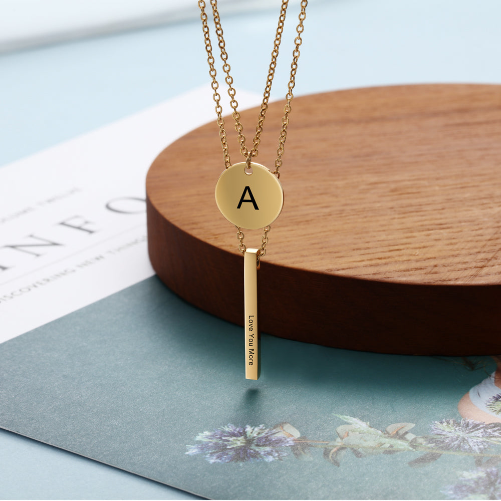 Personalized Stainless Steel Bar Round Pendant Necklace