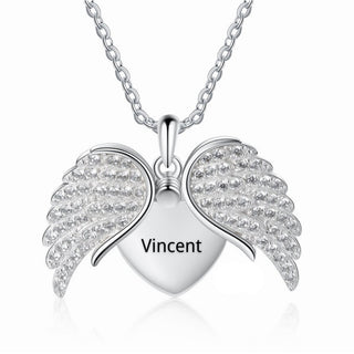 Personalized Rhodium Plated Wing Heart Necklace