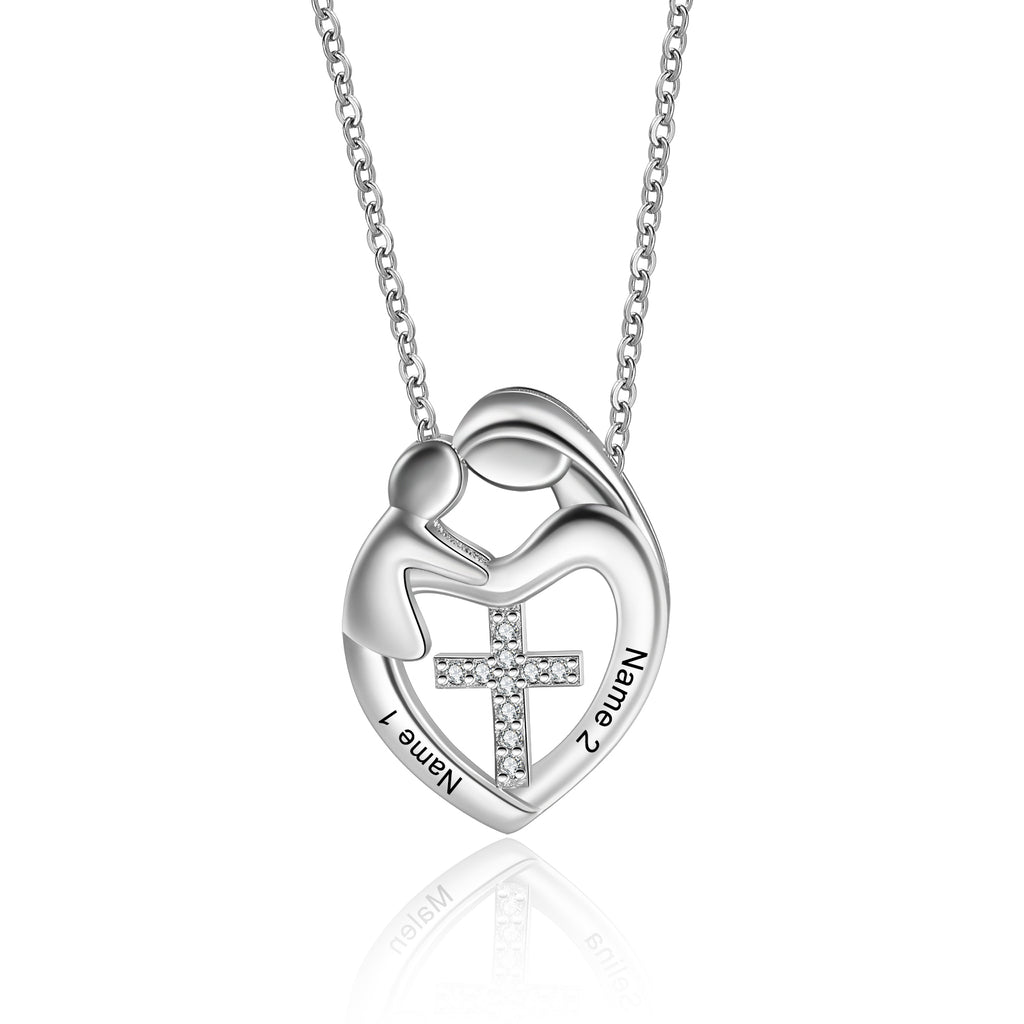 Custom Name Heart Necklace with Mother and Child