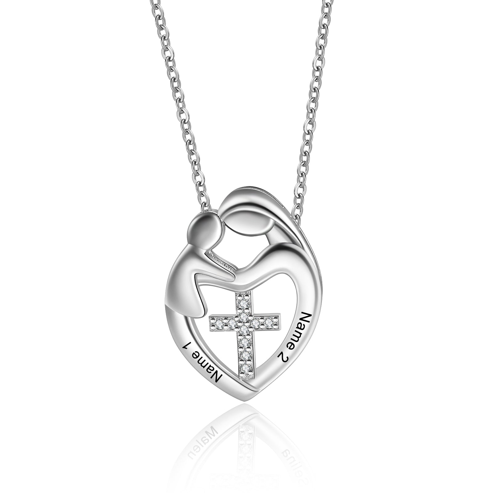 Custom Name Heart Necklace with Mother and Child