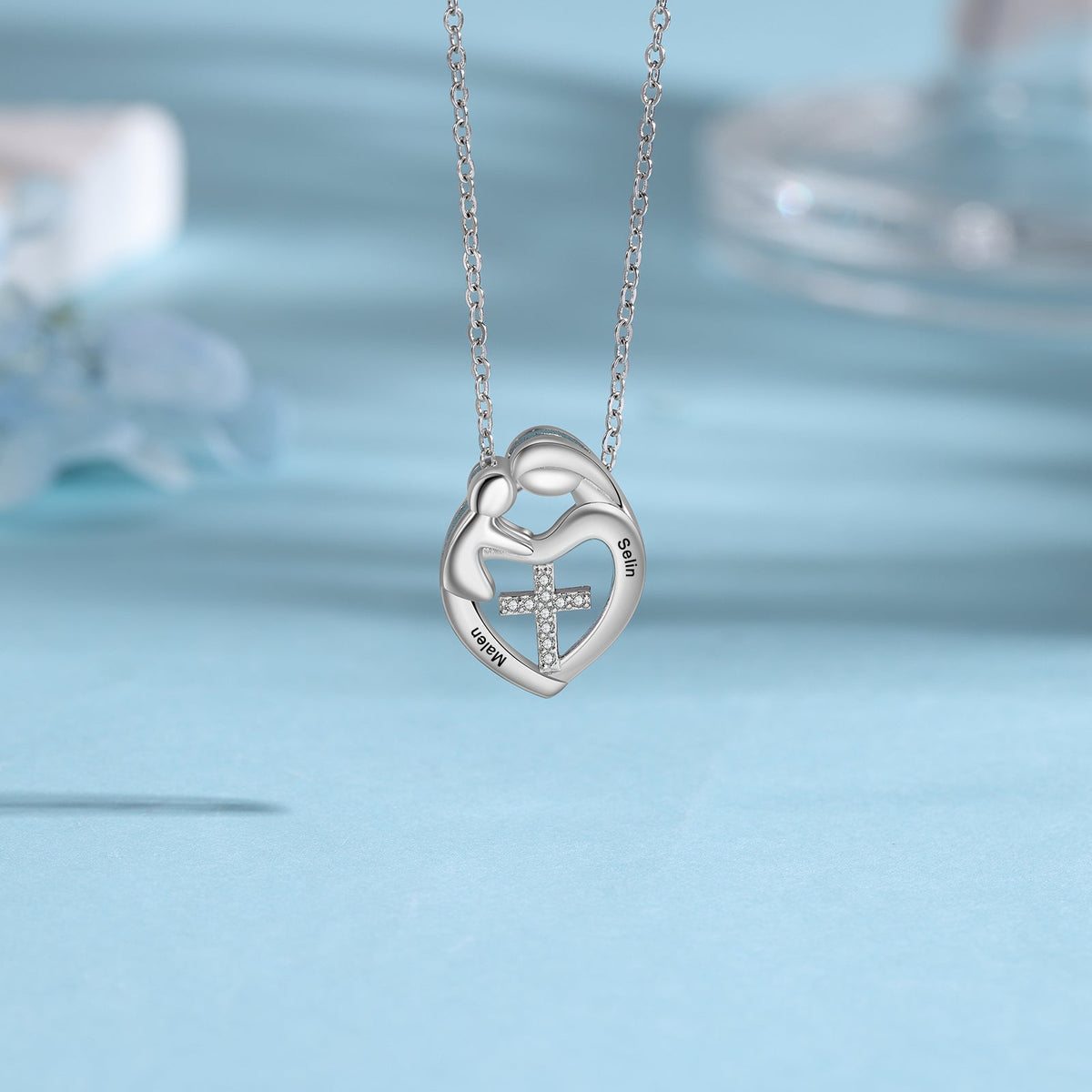 Custom Name Heart Necklace with Mother and Child