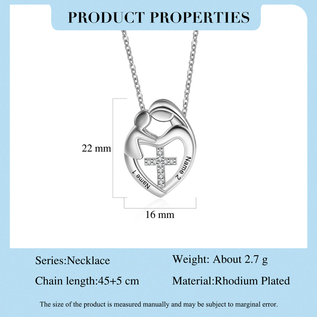 Custom Name Heart Necklace with Mother and Child