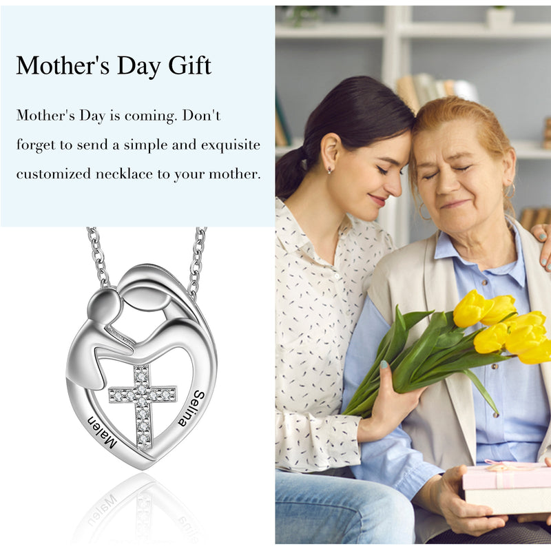 Custom Name Heart Necklace with Mother and Child