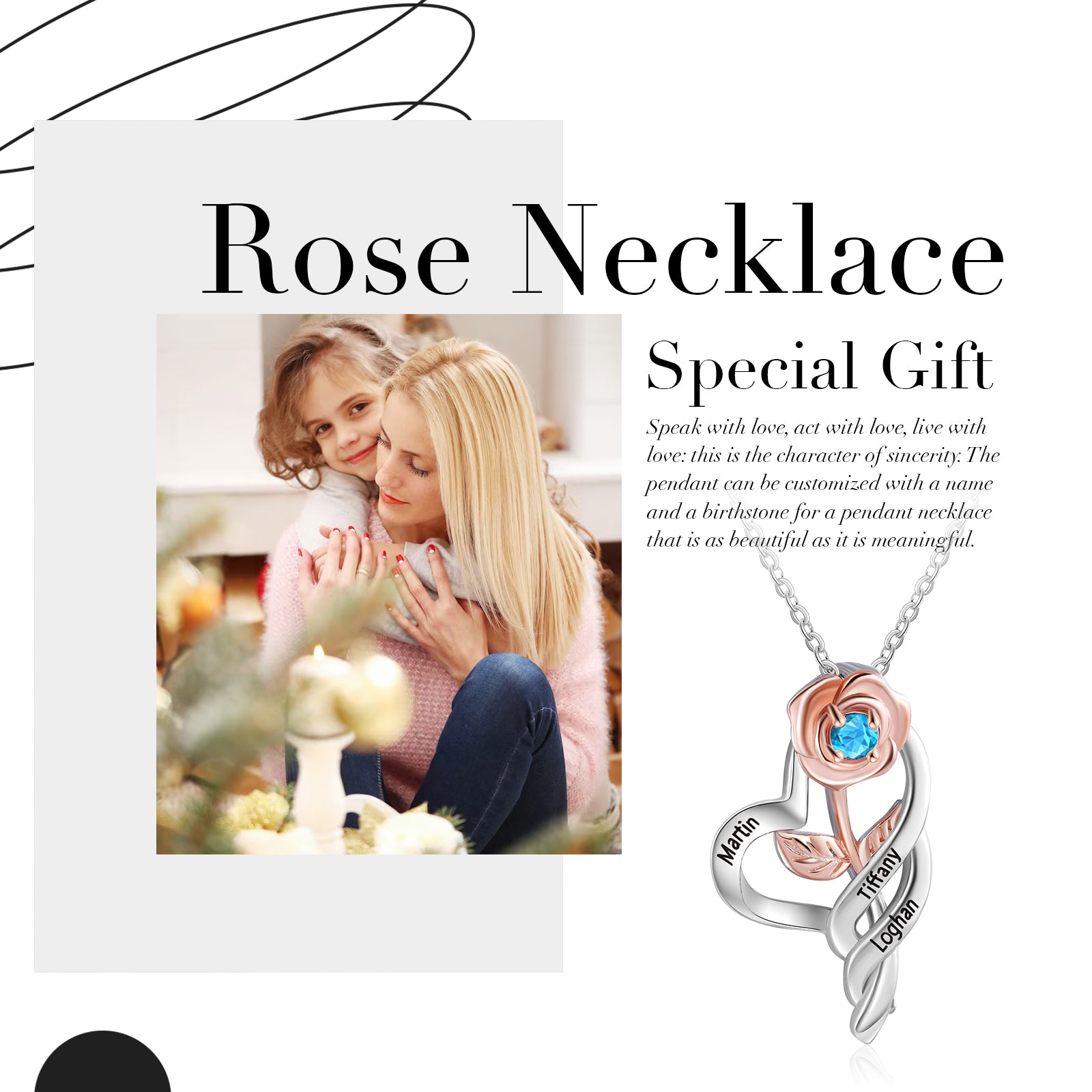 Custom Rose Flower Heart Necklace