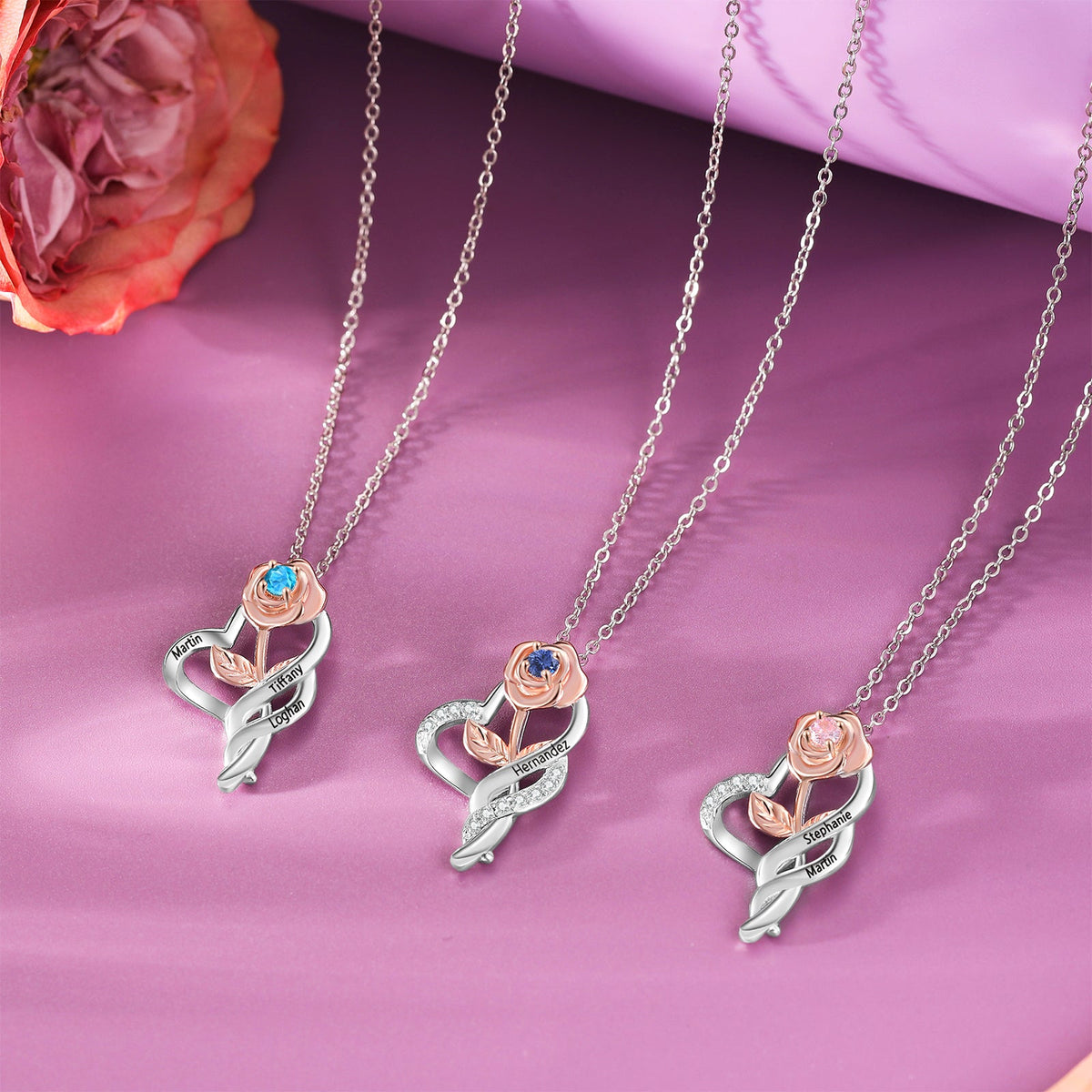 Custom Rose Flower Heart Necklace