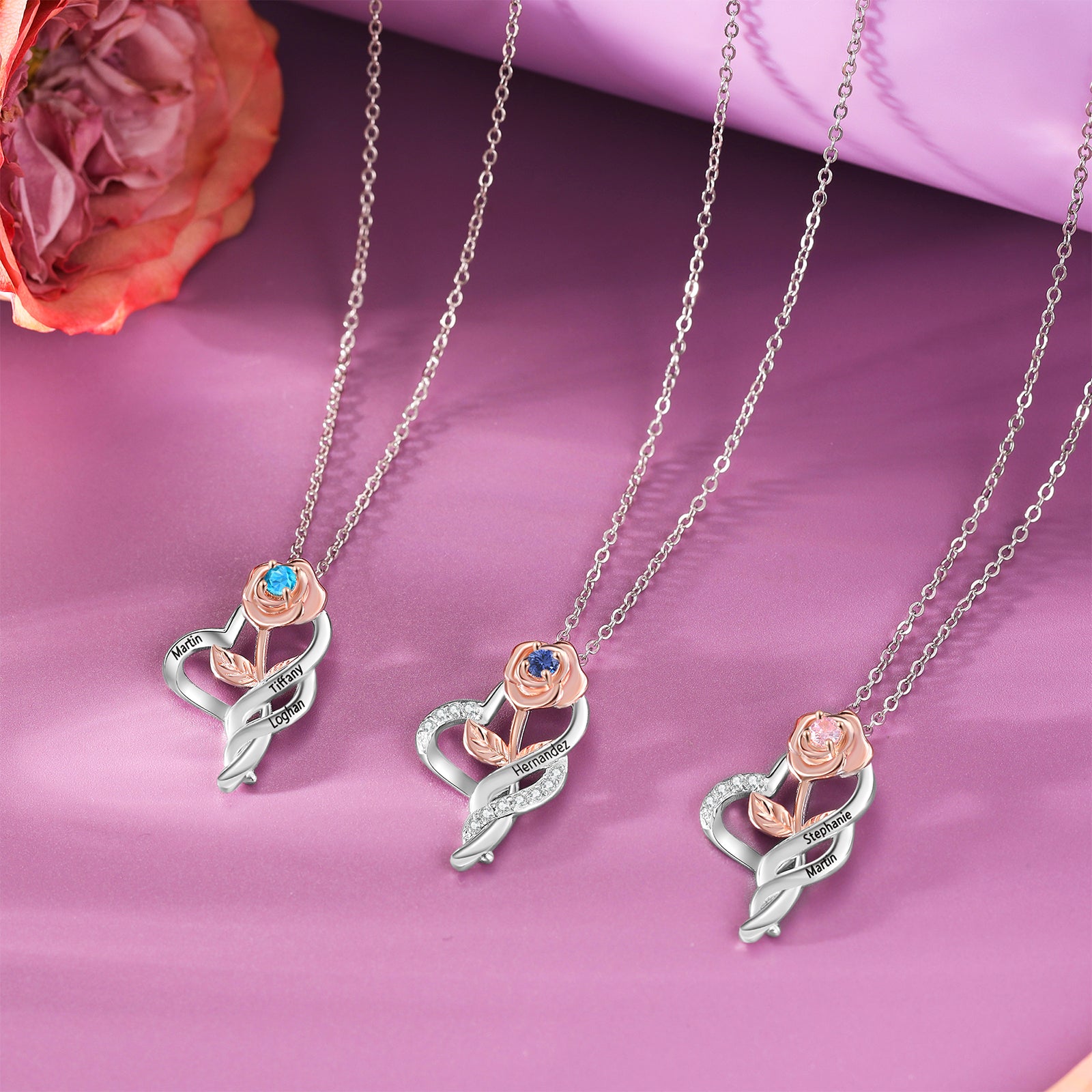 Custom Rose Flower Heart Necklace