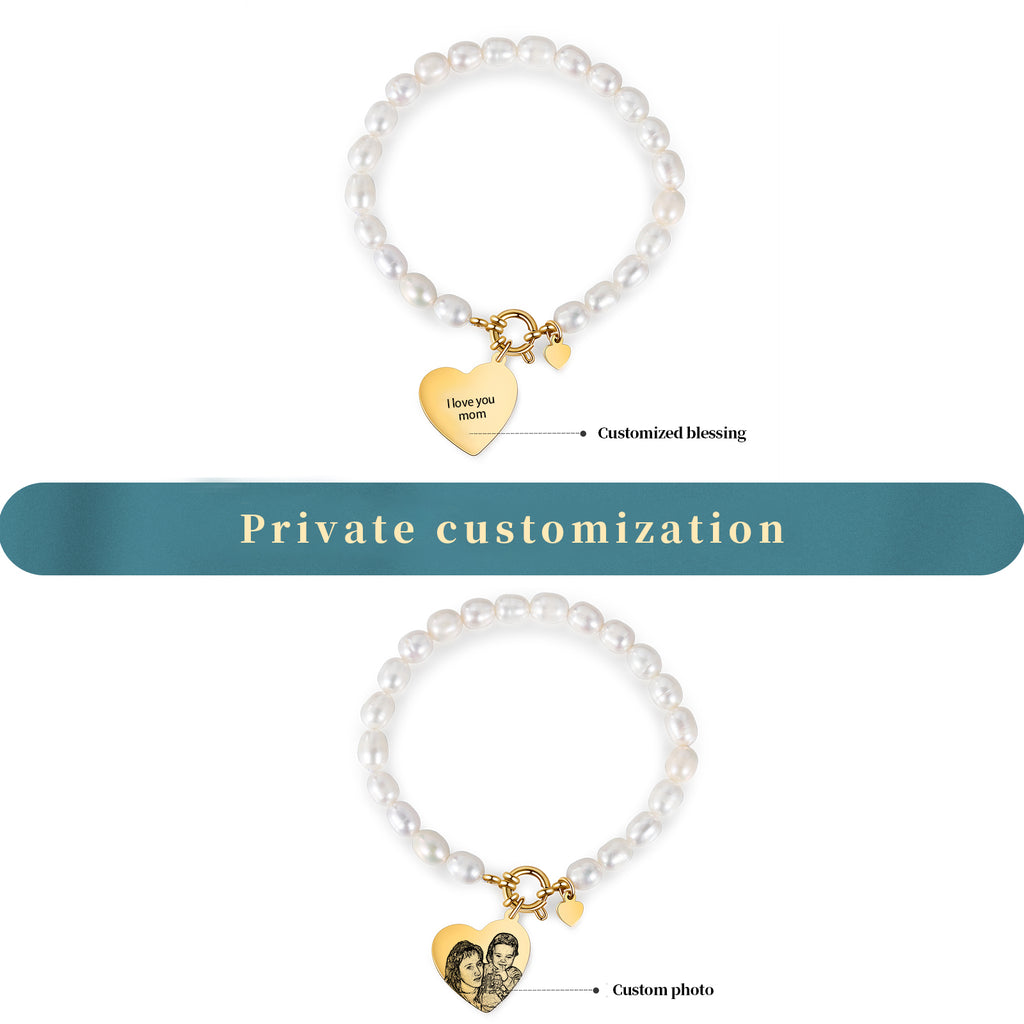 Custom Photo Pearl Bracelet with Heart Charm