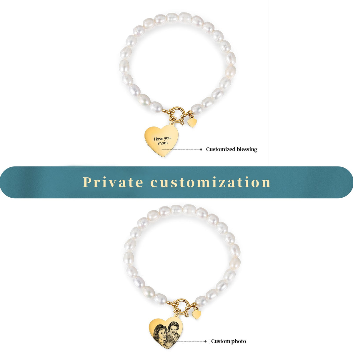 Custom Photo Pearl Bracelet with Heart Charm