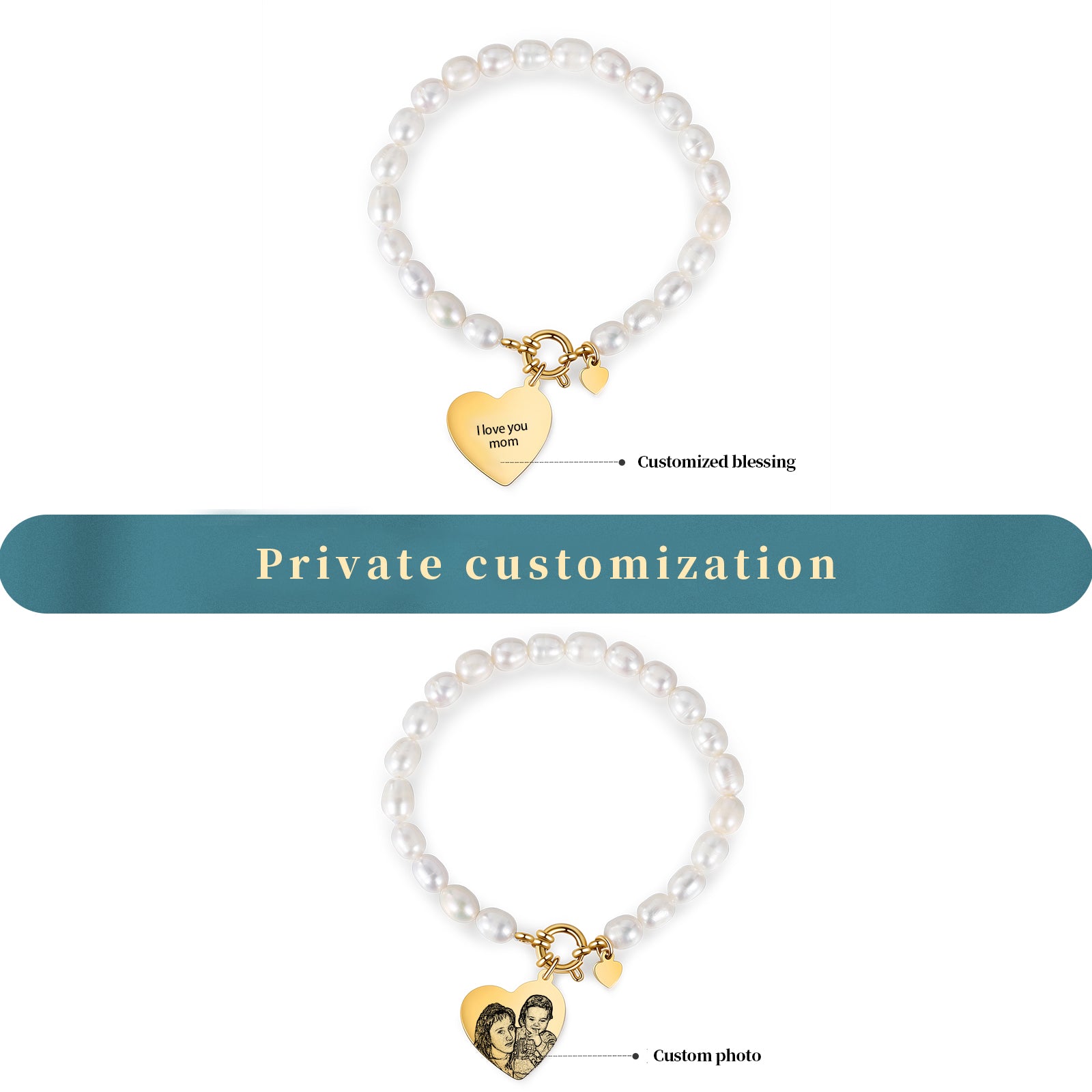 Custom Photo Pearl Bracelet with Heart Charm