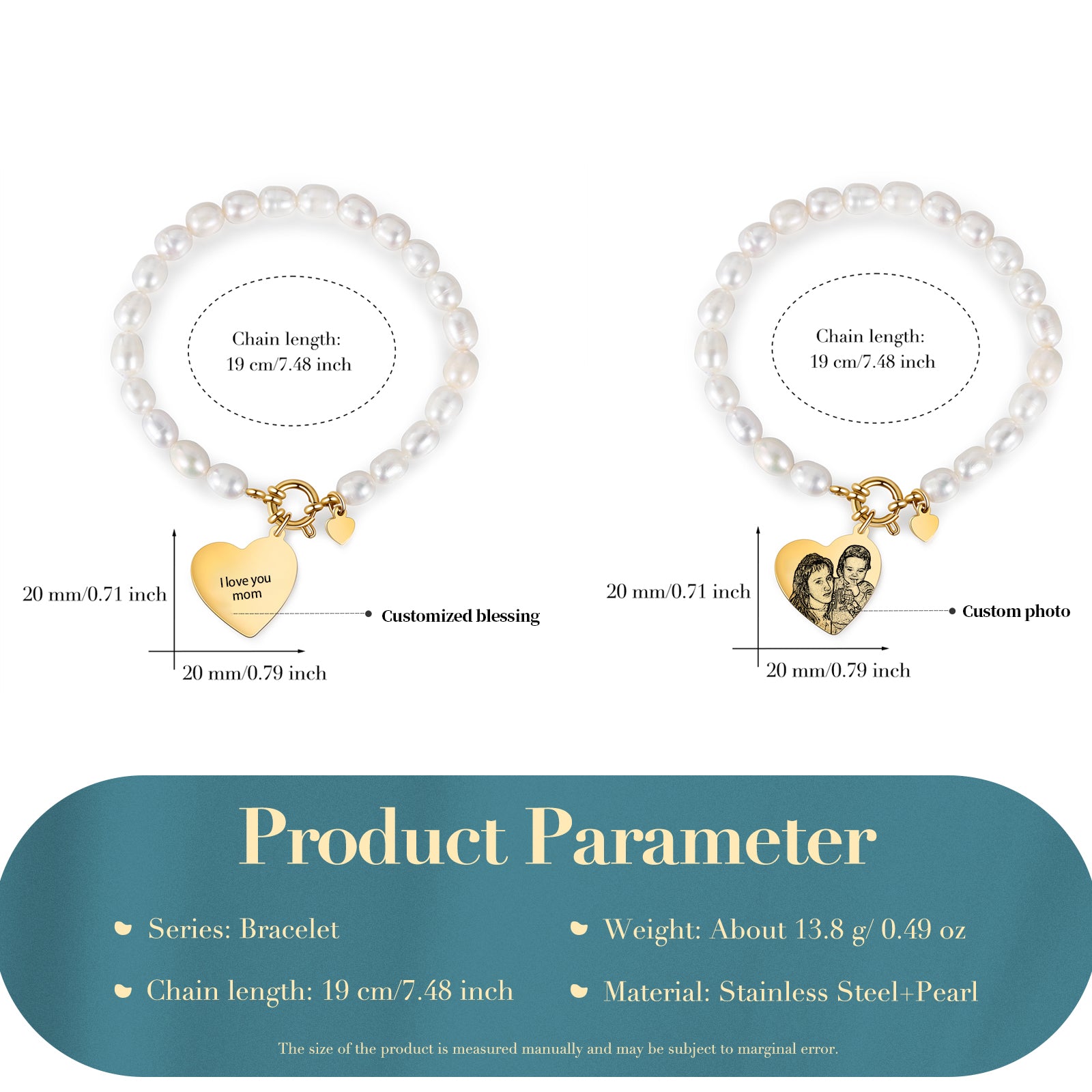 Custom Photo Pearl Bracelet with Heart Charm