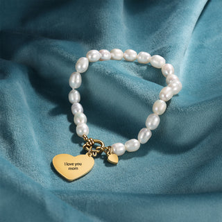 Custom Photo Pearl Bracelet with Heart Charm