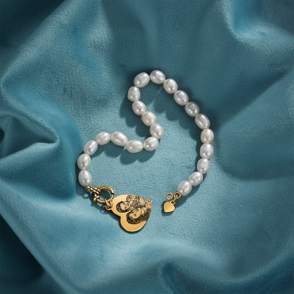 Custom Photo Pearl Bracelet with Heart Charm