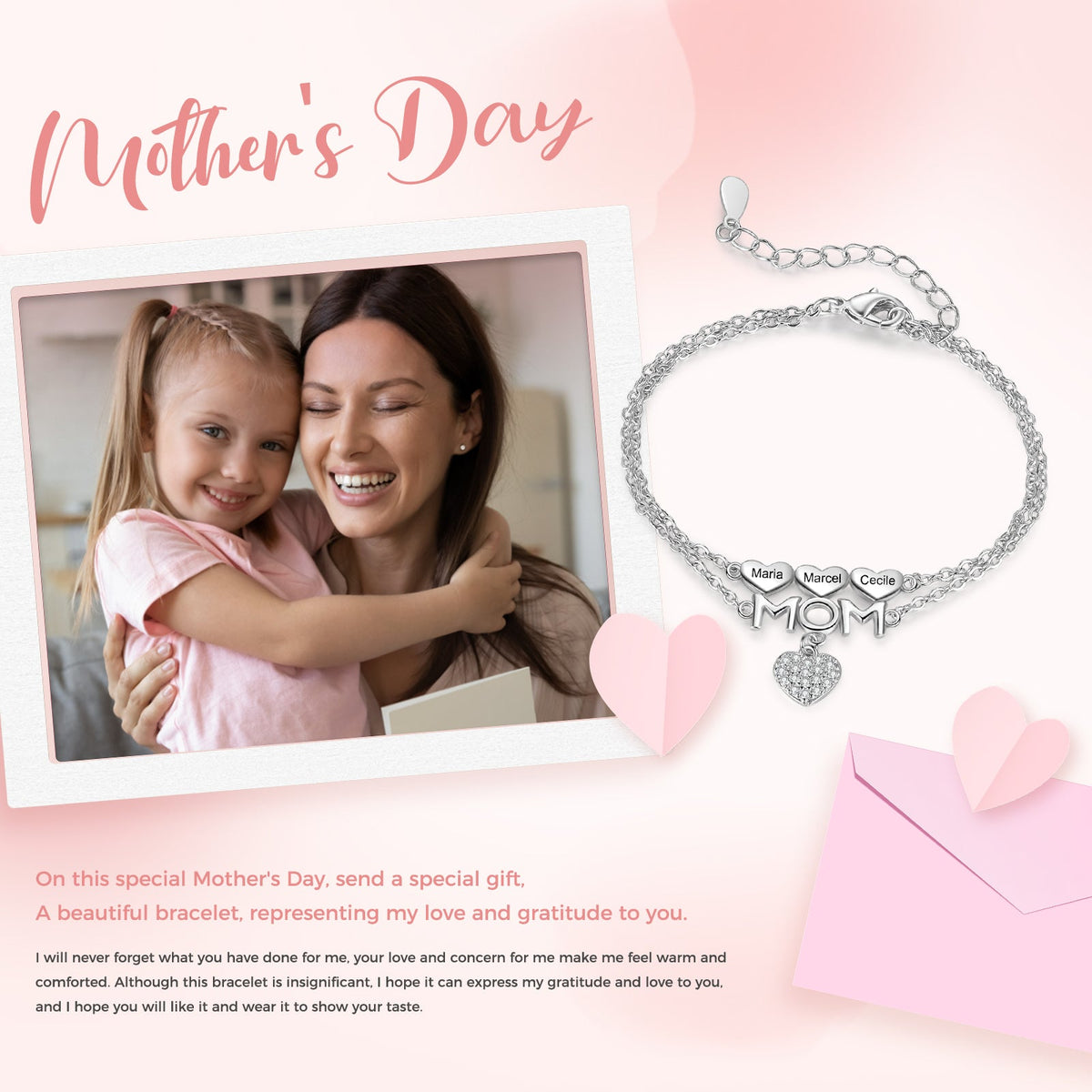 Custom Name Heart Bracelet with MOM Charm