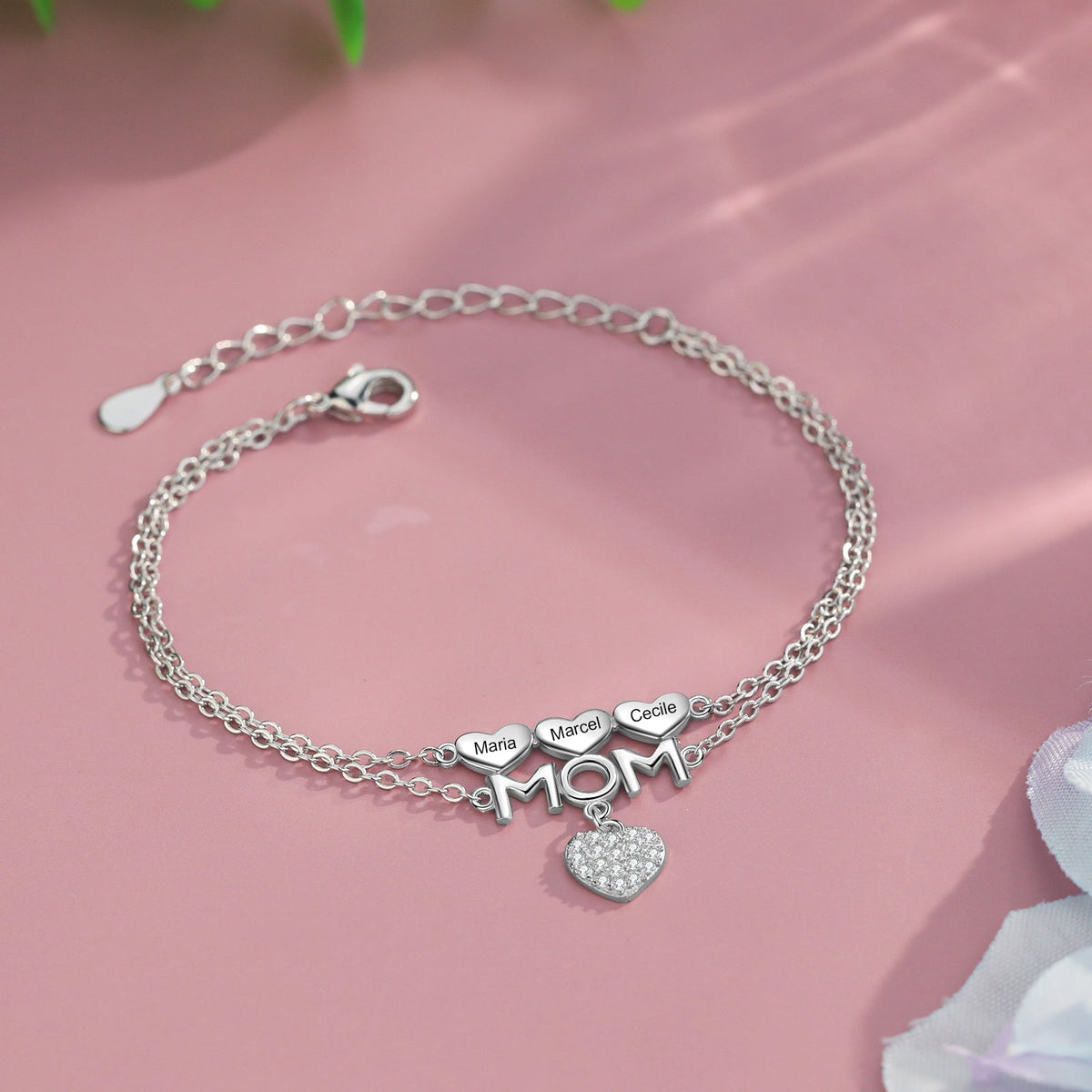Custom Name Heart Bracelet with MOM Charm