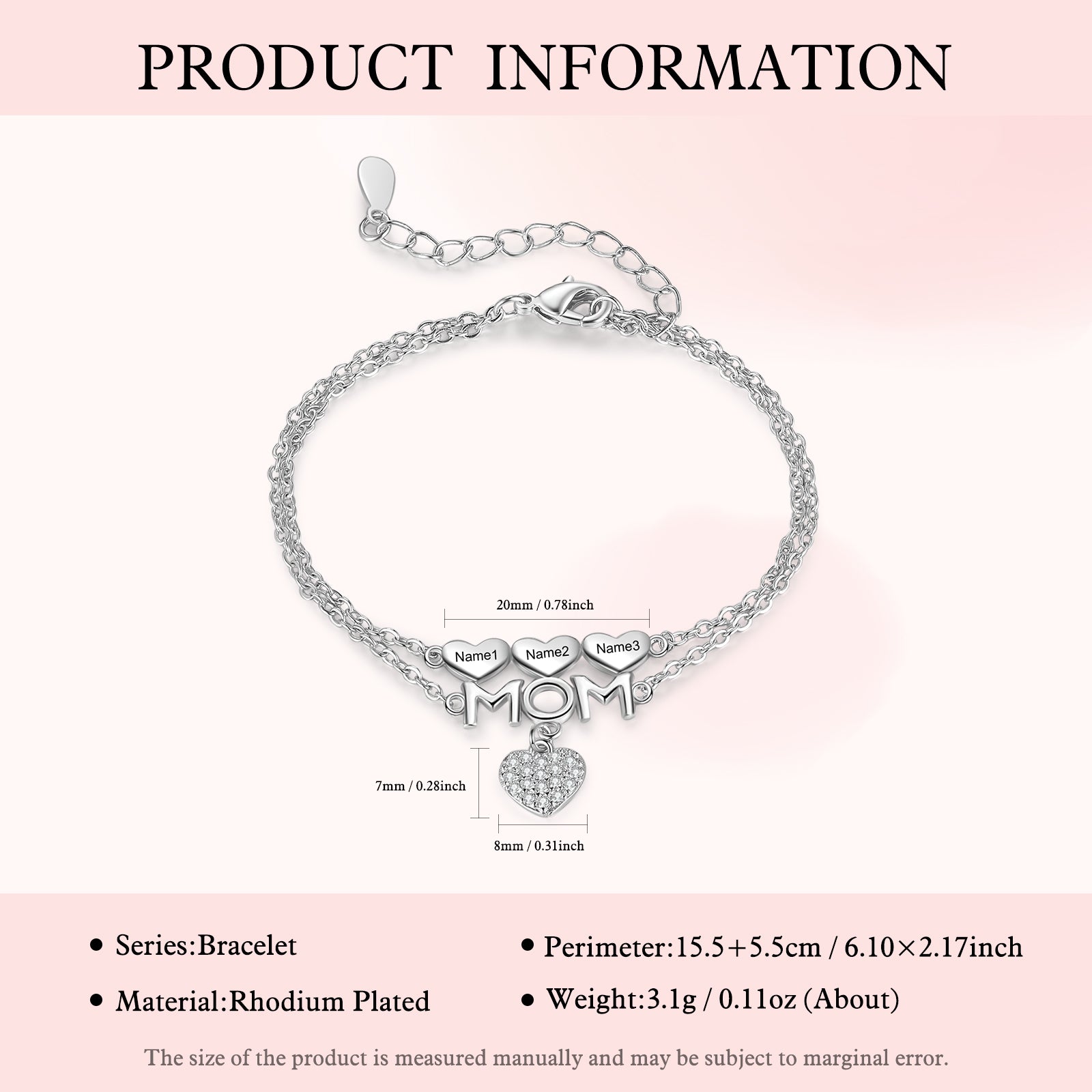 Custom Name Heart Bracelet with MOM Charm