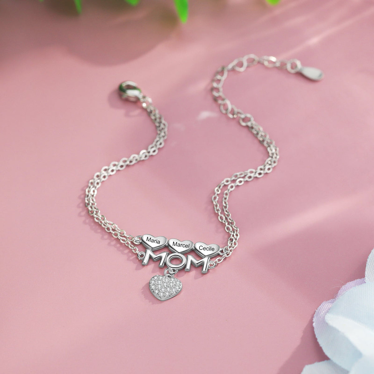 Custom Name Heart Bracelet with MOM Charm