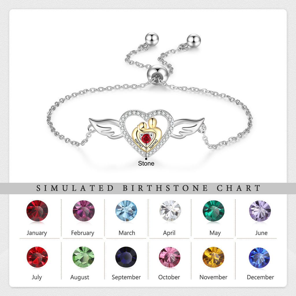 Custom Mother and Child Heart Bracelet with Angel Wing