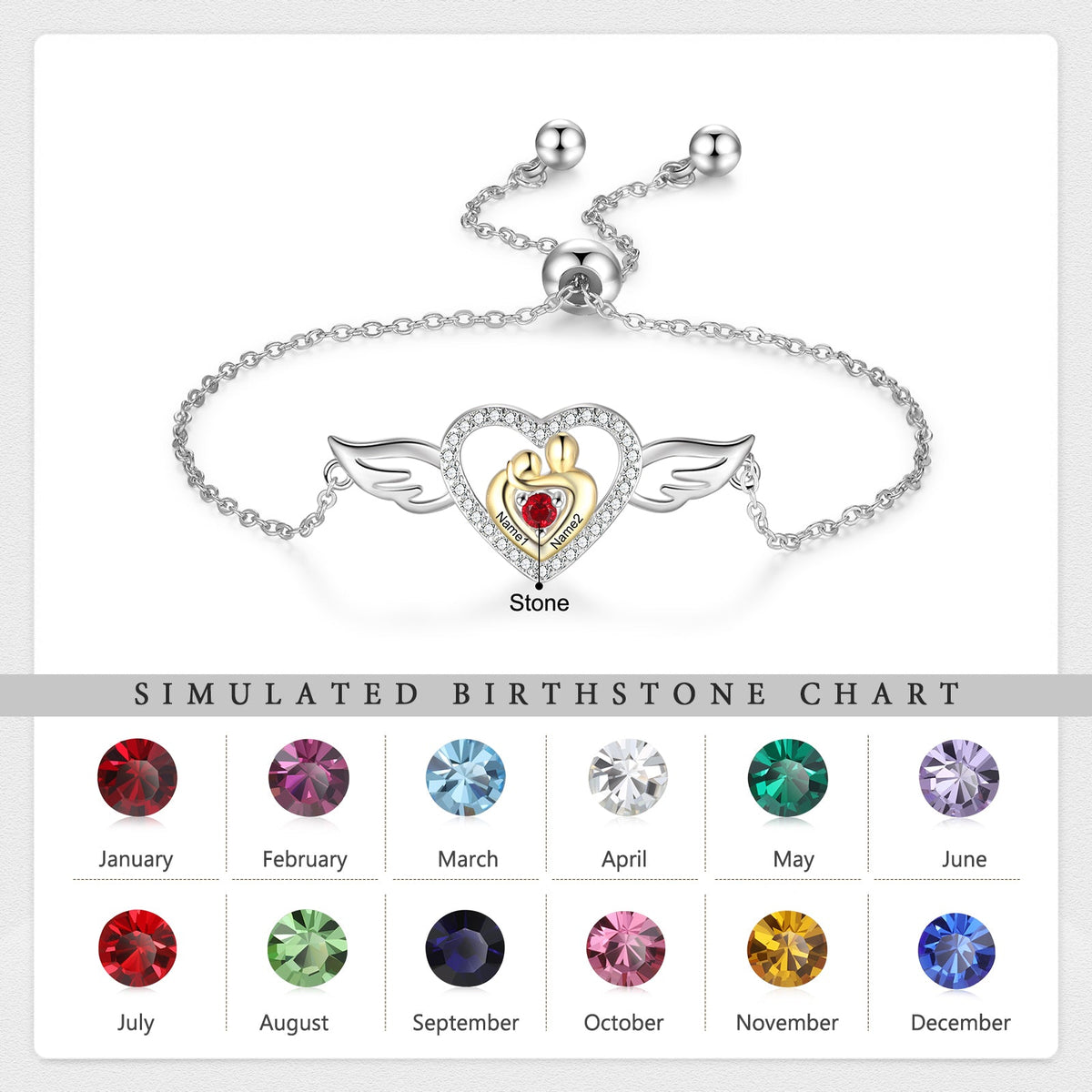 Custom Mother and Child Heart Bracelet with Angel Wing