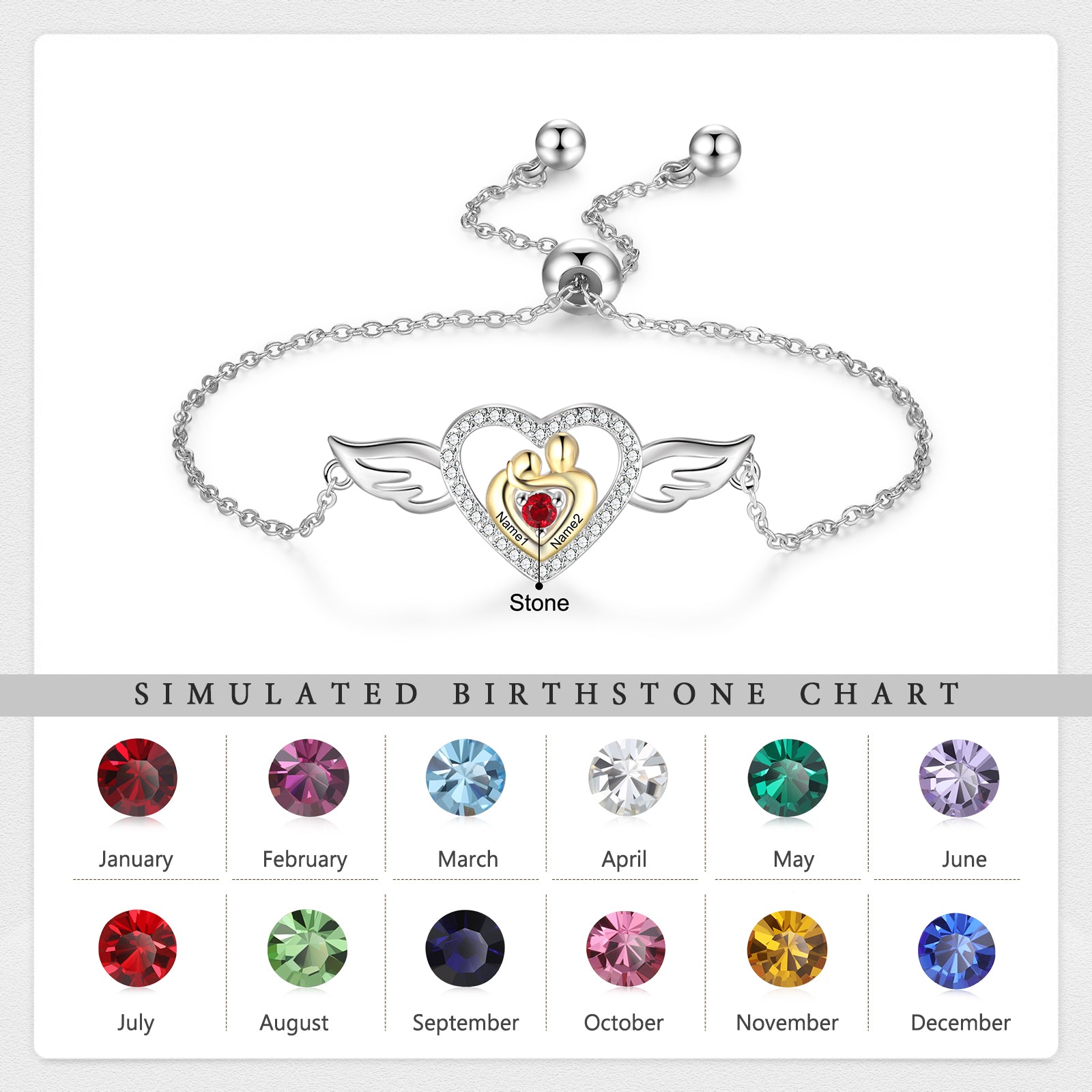 Custom Mother and Child Heart Bracelet with Angel Wing